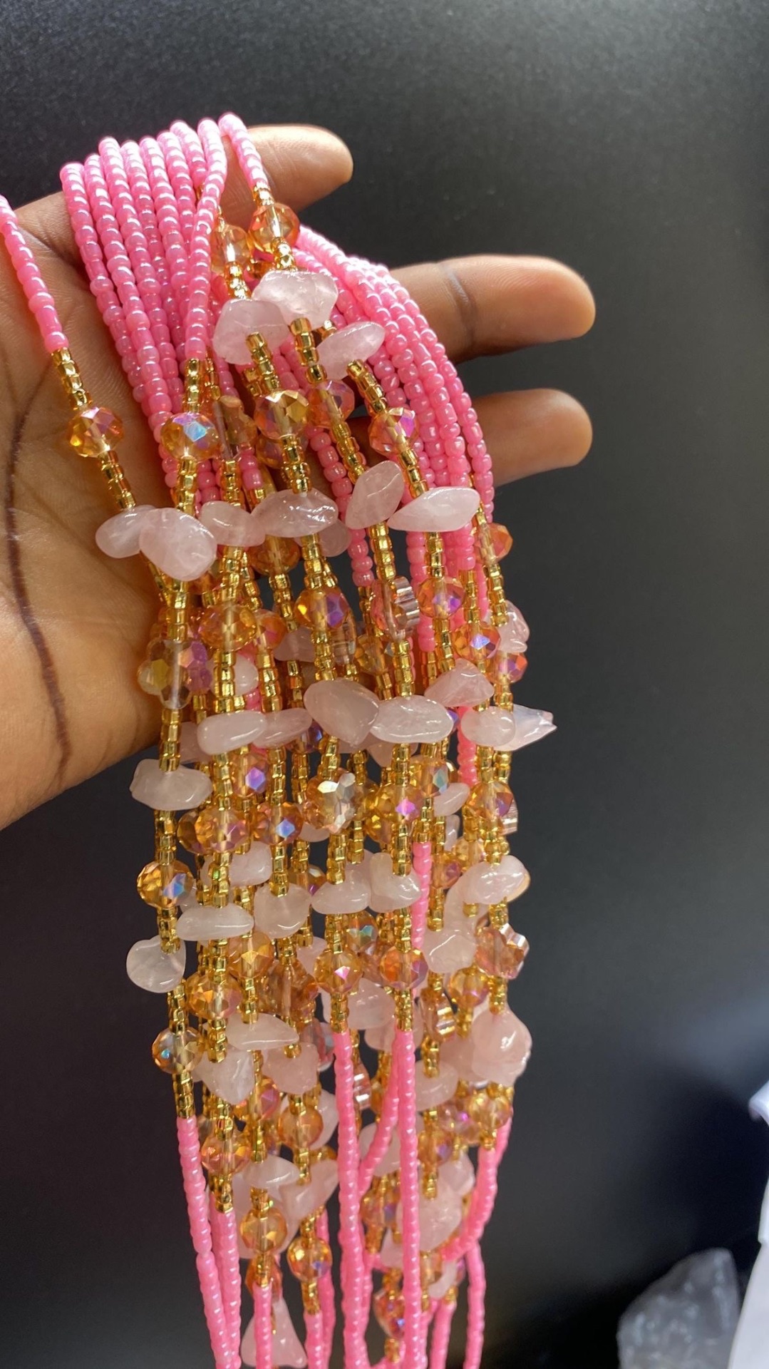 Pink and gold African waist beads with rose quartz accents