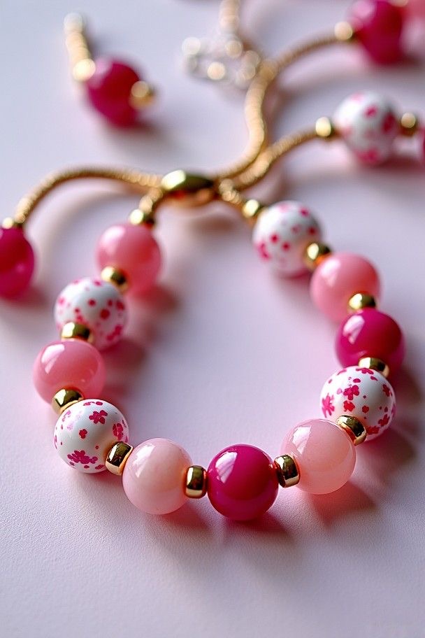 Pink and white floral ceramic beaded bracelet with gold spacers