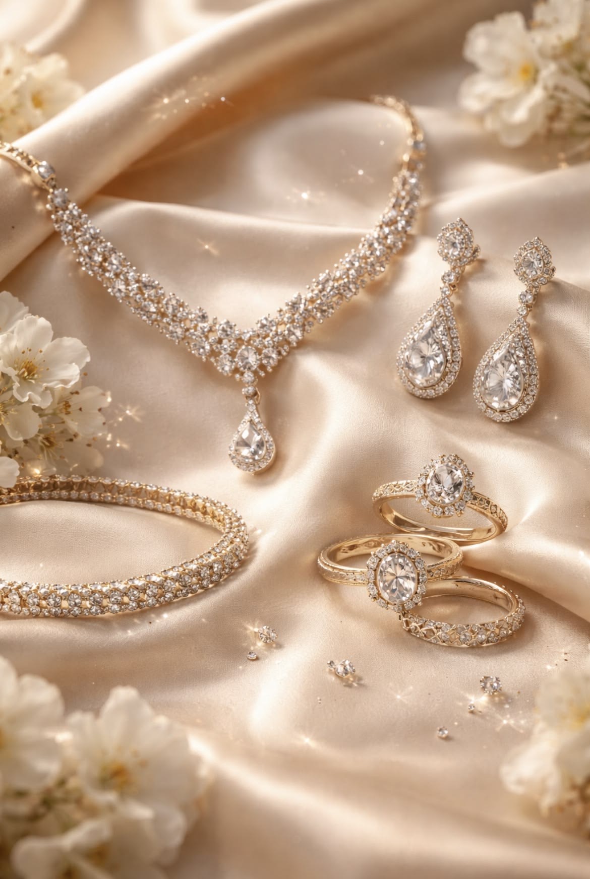 Bridal diamond necklace, earrings, bracelet and rings on cream silk