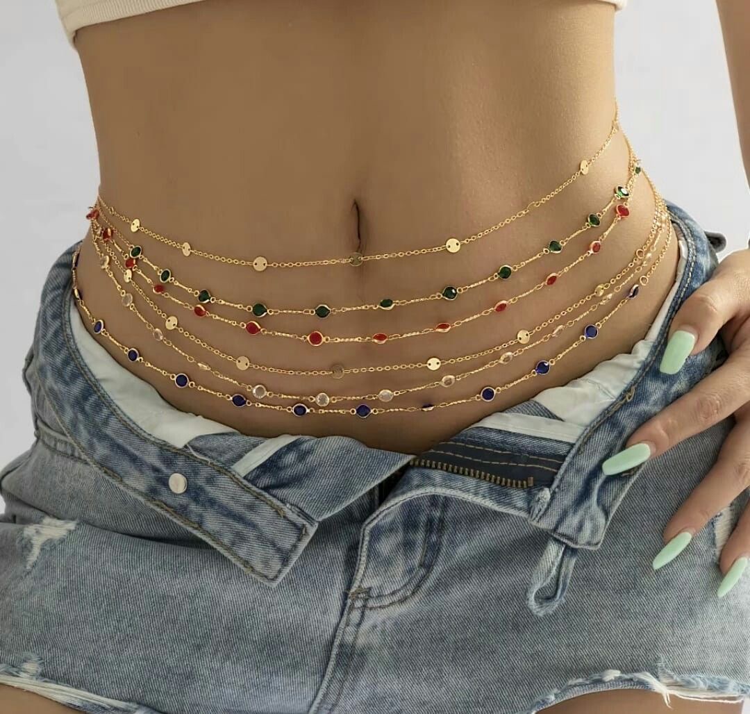 Multi-strand gold waist chain with coloured gemstone stations