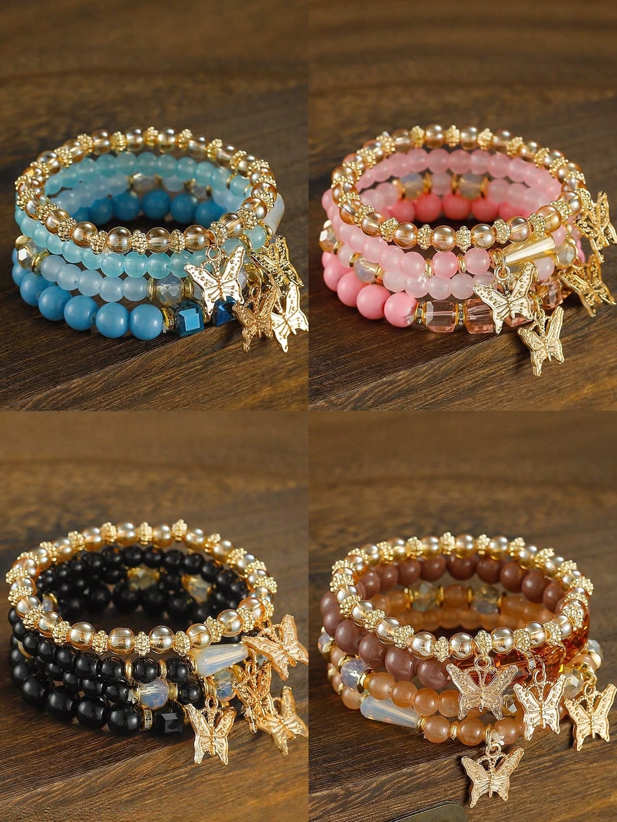 Stacked beaded bracelets with gold butterfly charms in four colourways