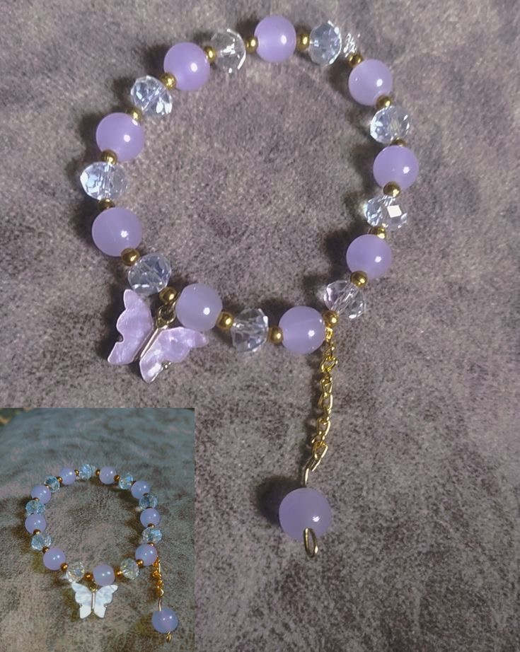 Lavender and crystal beaded bracelet with butterfly charm