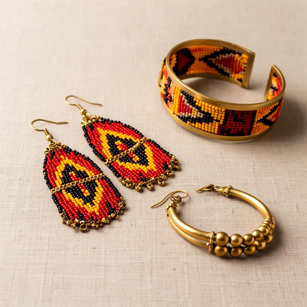 Handcrafted earrings and bracelets laid out on a workbench