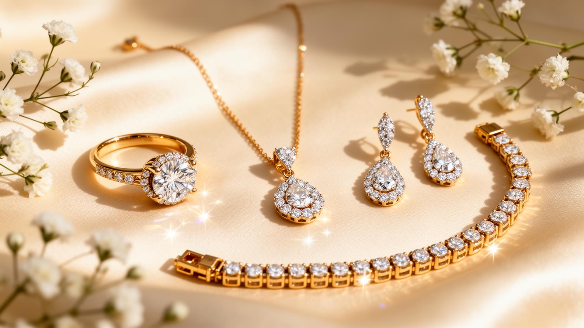 Fine gold and diamond jewellery set, necklace, earrings, ring and tennis bracelet